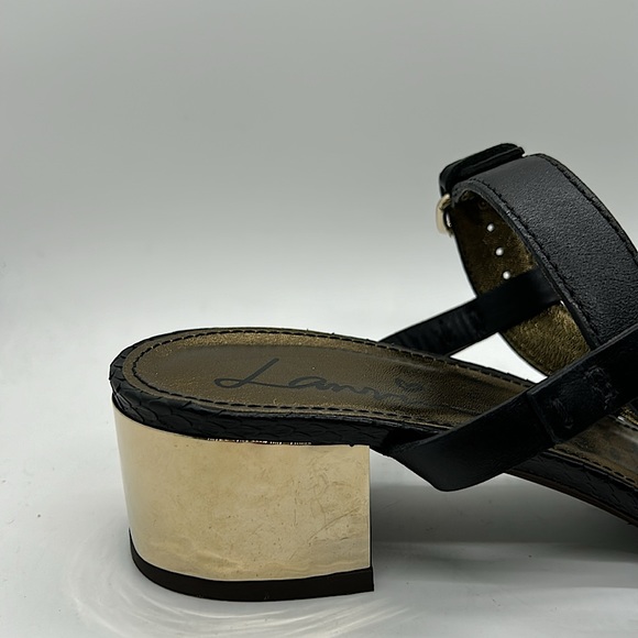 Lanvin Black Leather Gold Block Heel Sandals Shoes **Size 39/US Size 8** 🌺🌺 - Picture 7 of 9